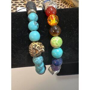 Set of Two Bracelets Lava and Lapis Stretch Bracelets -- 8"